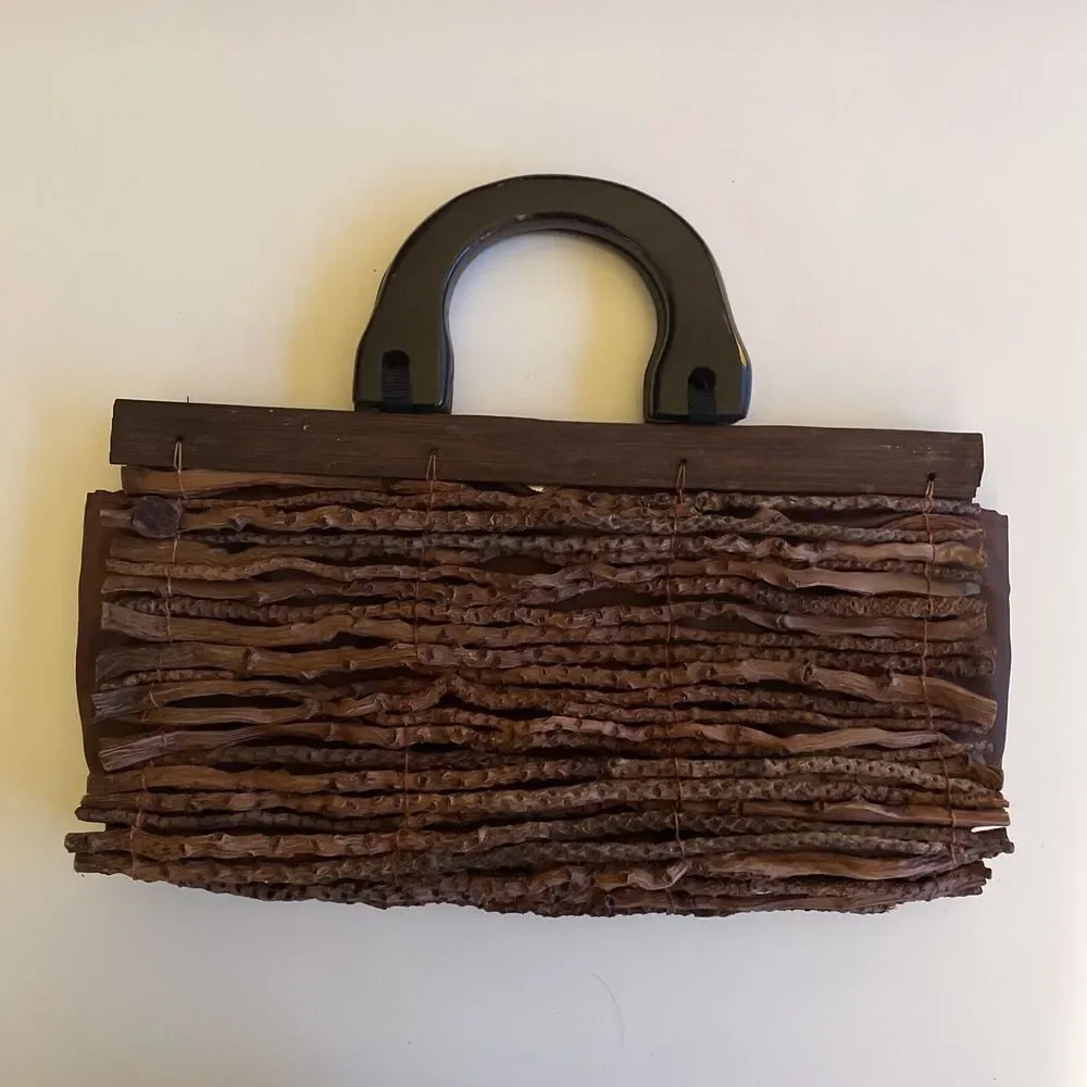 Vintage Branch Handbag, Brown Wooden Top Handles Handmade Purse